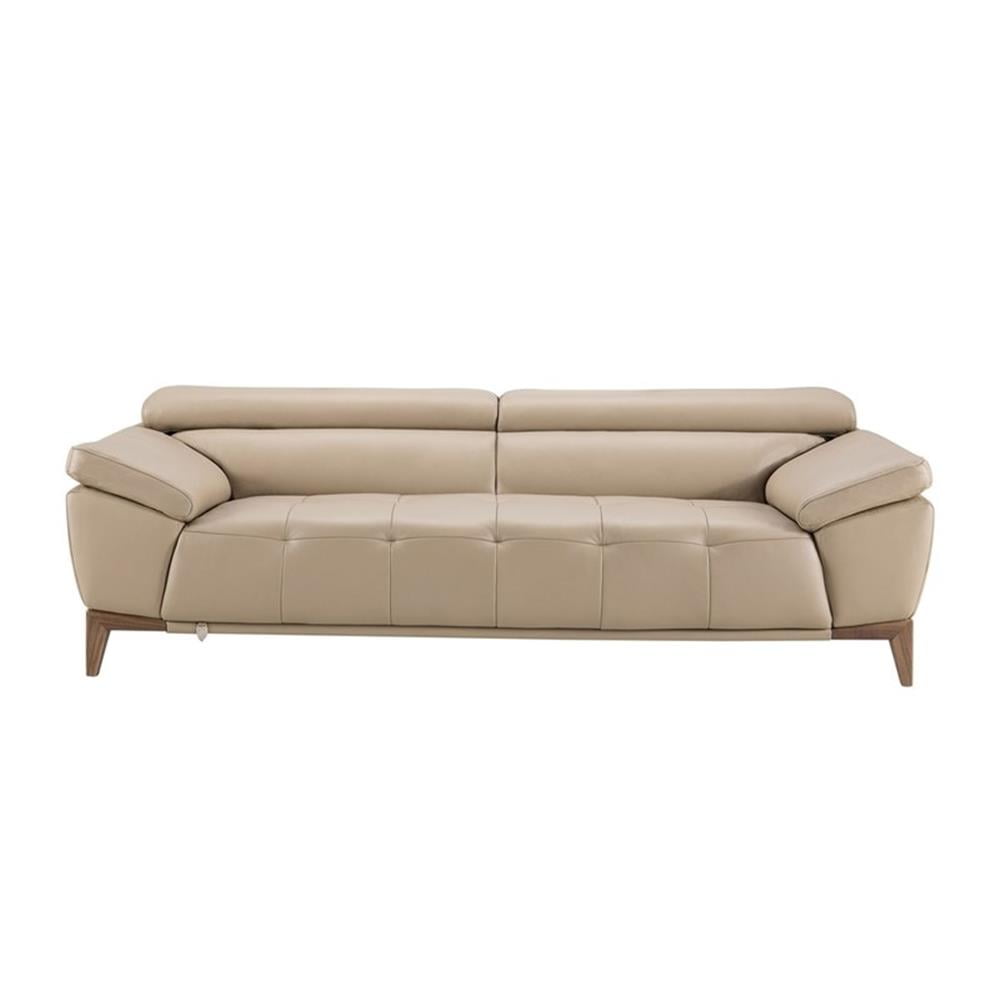 Tan Italian Leather Sofa with Wooden Legs and Adjustable Headrest