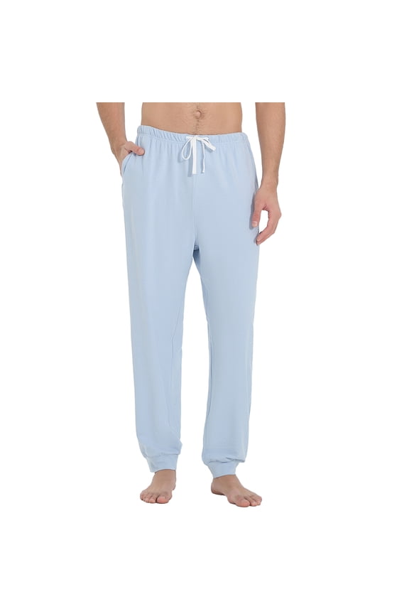 Mens Cotton Pajama Pants, Soft Long Sleep Bottoms with Pockets Lounge PJ(LIGHT BLUE, L)
