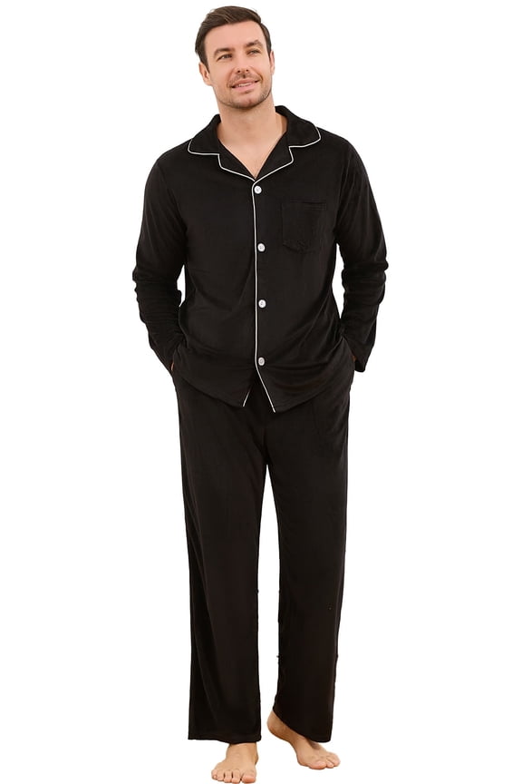 Mens Pajama Set, Comfy Flannel PJS Set for Men Lounge Warm Sleepwear（BLACK, XL）