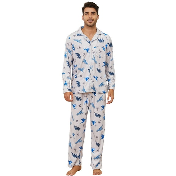 EK4YDNDS Mens Pajama Set, Soft Flannel PJS for Men Comfy Warm Printed Sleepwear（DINOSAUR-GREY, L）