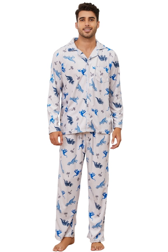 Mens Pajama Set, Soft Flannel PJS for Men Comfy Warm Printed Sleepwear(DINOSAUR-GREY, L)