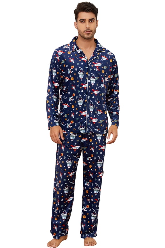 Mens Pajama Set, Soft Flannel PJS for Men Comfy Warm Printed Sleepwear（SPACESHIP-NAVY, L）