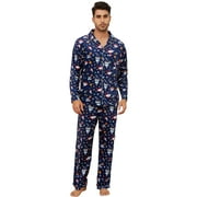 EK4YDNDS Mens Pajama Set, Soft Flannel PJS for Men Comfy Warm Printed Sleepwear SPACESHIP-NAVY, L