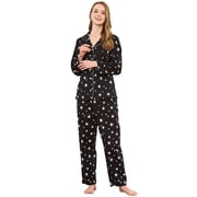 EK4YDNDS Women Button up Pajama Set, 100% Cotton Long Sleeve Sleepwear Flannel Print Lightweight Pjs Set,Black Star,M