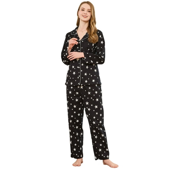 EK4YDNDS Women Button up Pajama Set, 100% Cotton Long Sleeve Sleepwear Flannel Print Lightweight Pjs Set,(Black Star,M)