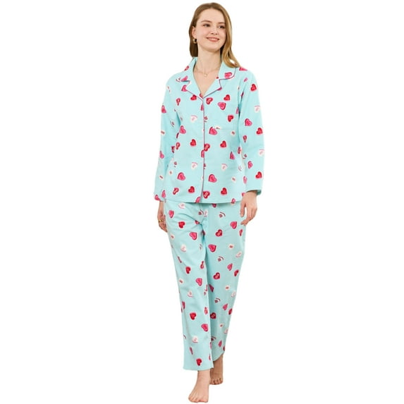 EK4YDNDS Women Button up Pajama Set, 100% Cotton Long Sleeve Sleepwear Flannel Print Lightweight Pjs Set,(Light Blue Heart,2XL)