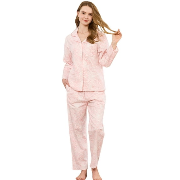 EK4YDNDS Women Button up Pajama Set, 100% Cotton Long Sleeve Sleepwear Flannel Print Lightweight Pjs Set,(Light Pink Leopard,L)