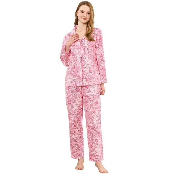 EK4YDNDS Women Button up Pajama Set, 100% Cotton Long Sleeve Sleepwear Flannel Print Lightweight Pjs Set,(Rose Pink Leopard,S)
