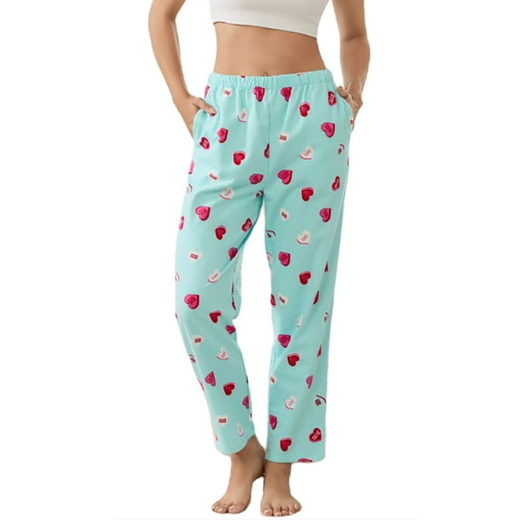 EK4YDNDS Womens Flannel Pajama Pants, 100% Cotton Plaid Lounge PJ Bottoms with Pockets,(Light Blue Heart,L)