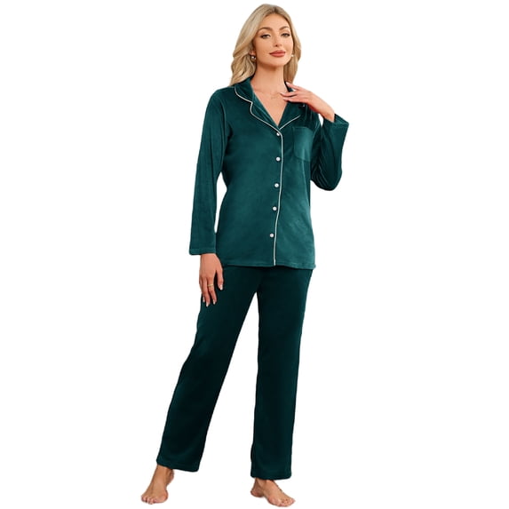 EK4YDNDS Womens Flannel Pajama Set, Long Button Down Lightweight Pjs Set with Pockets,(Dark Green,2XL)
