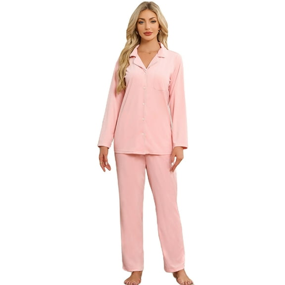 EK4YDNDS Womens Flannel Pajama Set, Long Button Down Lightweight Pjs Set with Pockets,(Pink,L)