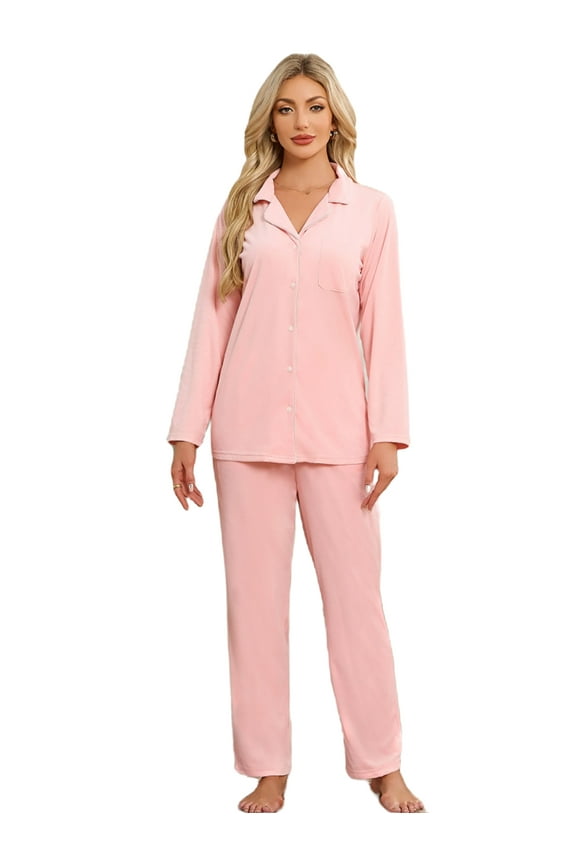 Womens Flannel Pajama Set, Long Button Down Lightweight Pjs Set with Pockets,(Pink,L)