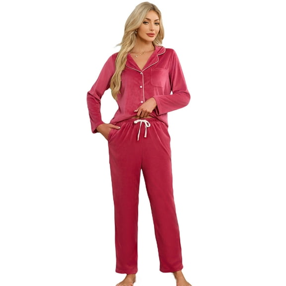 EK4YDNDS Womens Flannel Pajama Set, Long Button Down Lightweight Pjs Set with Pockets,(Rose Red,L)