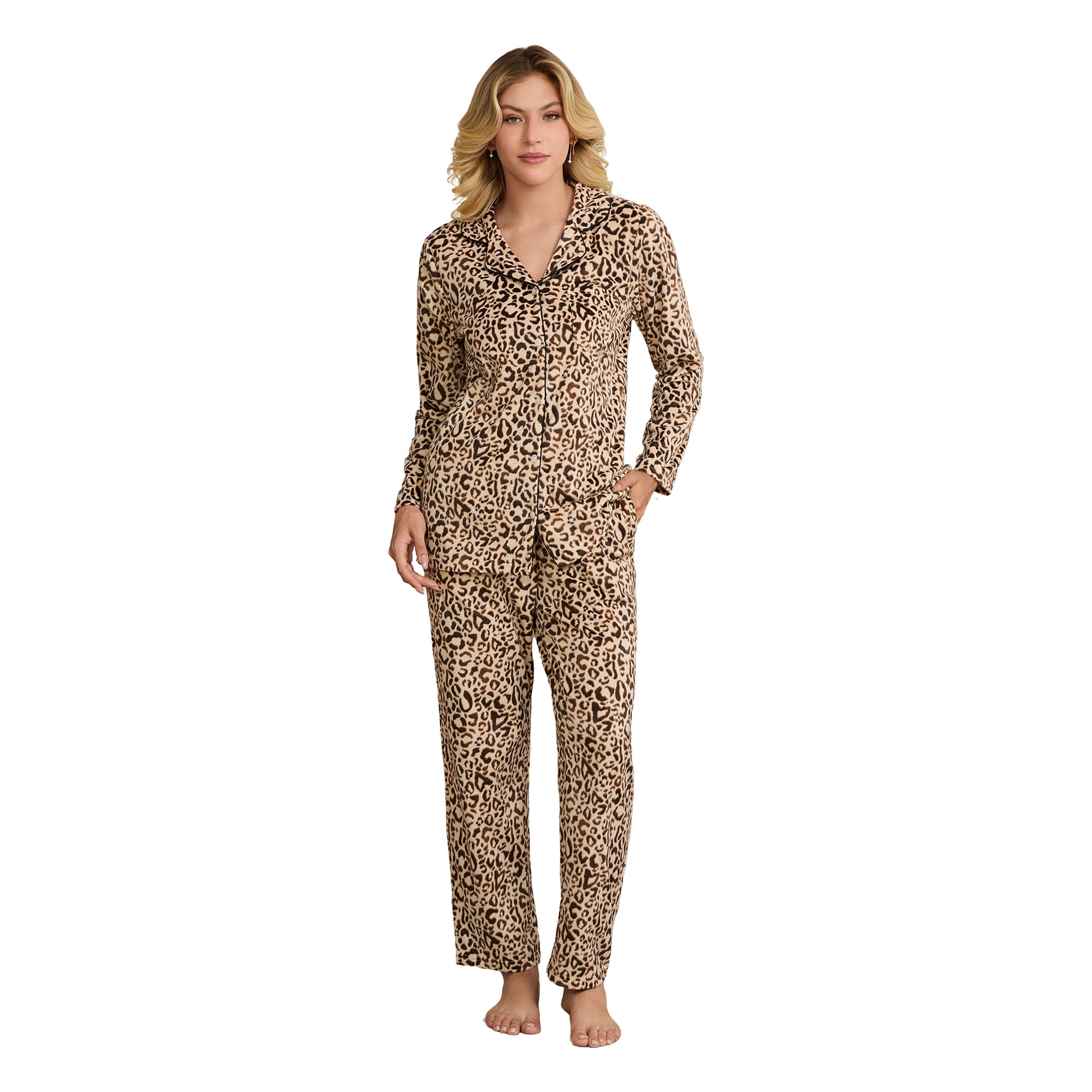 EK4YDNDS Womens Fleece Pajama Set, Cozy Long Sleeve Button-Down PJs 2-Piece Ultra Soft Sleepwear(LEOPARD, M)