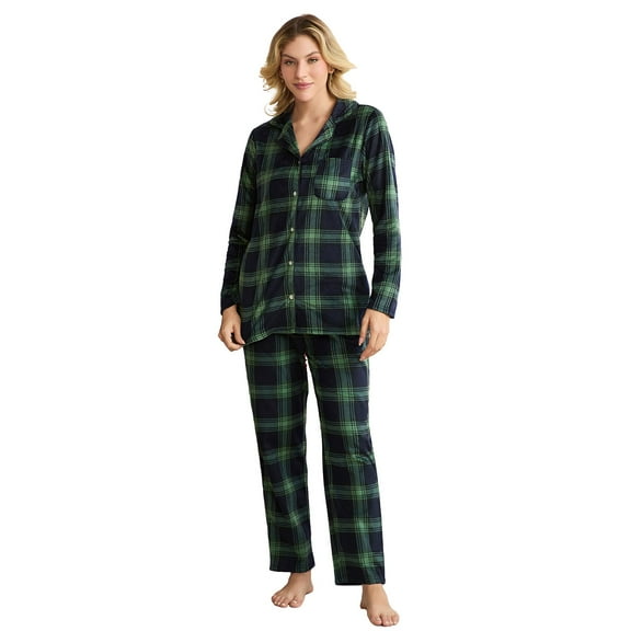 EK4YDNDS Womens Fleece Pajama Set, Cozy Long Sleeve Button-Down PJs 2-Piece Ultra Soft Sleepwear(NAVY-GREEN PLAID, L)