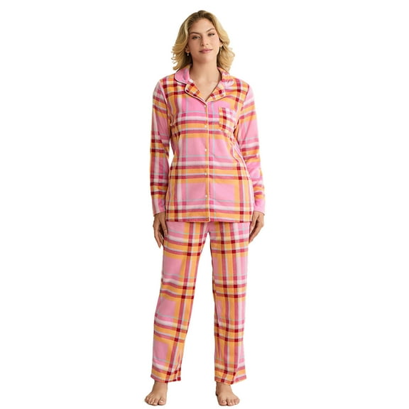 EK4YDNDS Womens Fleece Pajama Set, Cozy Long Sleeve Button-Down PJs 2-Piece Ultra Soft Sleepwear(ORANGE-PINK PLAID, 2XL)
