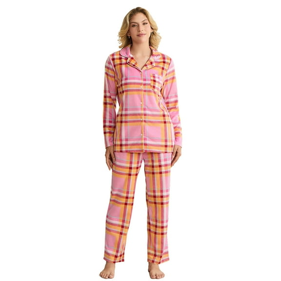 EK4YDNDS Womens Fleece Pajama Set, Cozy Long Sleeve Button-Down PJs 2-Piece Ultra Soft Sleepwear(ORANGE-PINK PLAID, L)