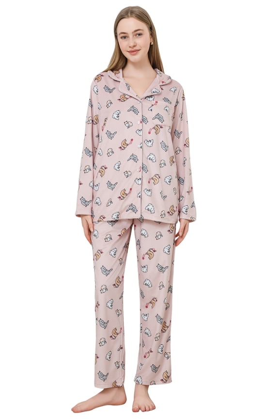 Womens Pajama Sets, Soft Flannel Button Down Loungewear Long Sleeve Pjs Sets,(Cat-Light Pink,L)