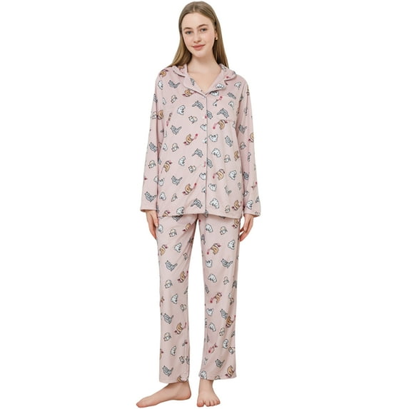 EK4YDNDS Womens Pajama Sets, Soft Flannel Button Down Loungewear Long Sleeve Pjs Sets,(Cat-Light Pink,S)