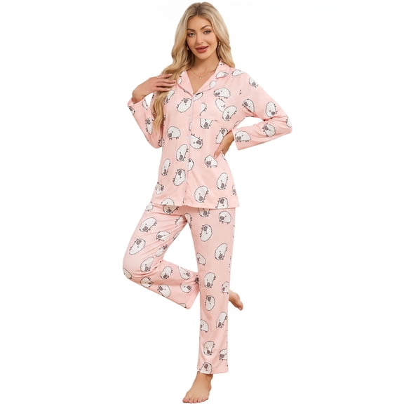 EK4YDNDS Womens Pajama Sets, Soft Flannel Button Down Loungewear Long Sleeve Pjs Sets,(Lamb-Dusty Pink,M)
