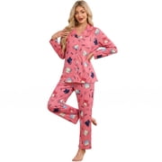 EK4YDNDS Womens Pajama Sets, Soft Flannel Button Down Loungewear Long Sleeve Pjs Sets,Letter Cat-Rose Pink,M