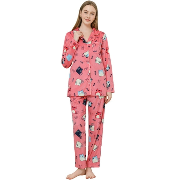 EK4YDNDS Womens Pajama Sets, Soft Flannel Button Down Loungewear Long Sleeve Pjs Sets,(Letter Cat-Rose Pink,M)