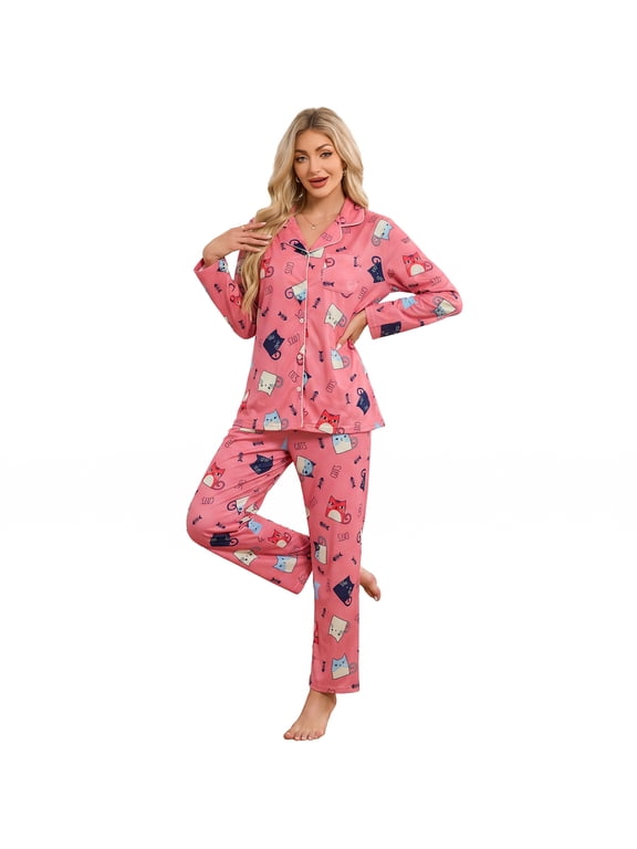 Womens Pajama Sets, Soft Flannel Button Down Loungewear Long Sleeve Pjs Sets,(Letter Cat-Rose Pink,XL)