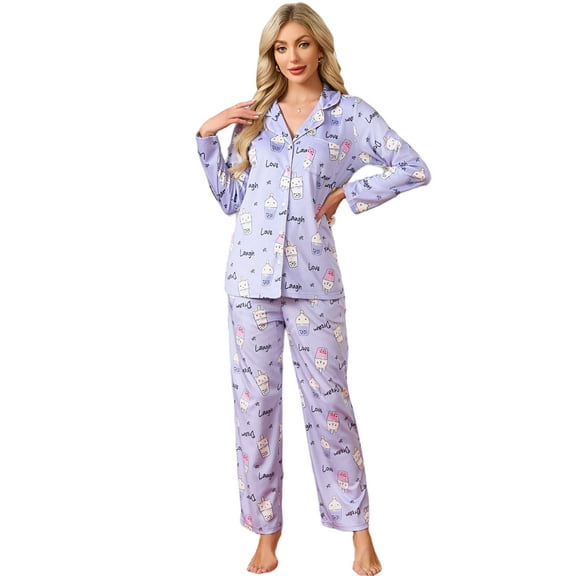 EK4YDNDS Womens Pajama Sets, Soft Flannel Button Down Loungewear Long Sleeve Pjs Sets,(Milk Tea Cat-Light Purple,L)