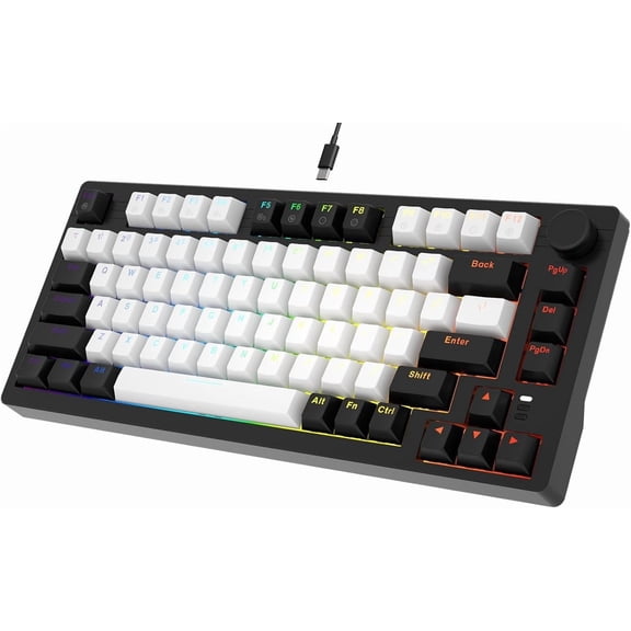 EK75 Wired Mechanical Keyboard,75% Keyboard with Volume Knob,Gasket Mount Mechanical Gaming Keyboards,81 Rainbow Backlit,PBT Keycaps,Linear Dream for PC Laptop Windows(Black-White)