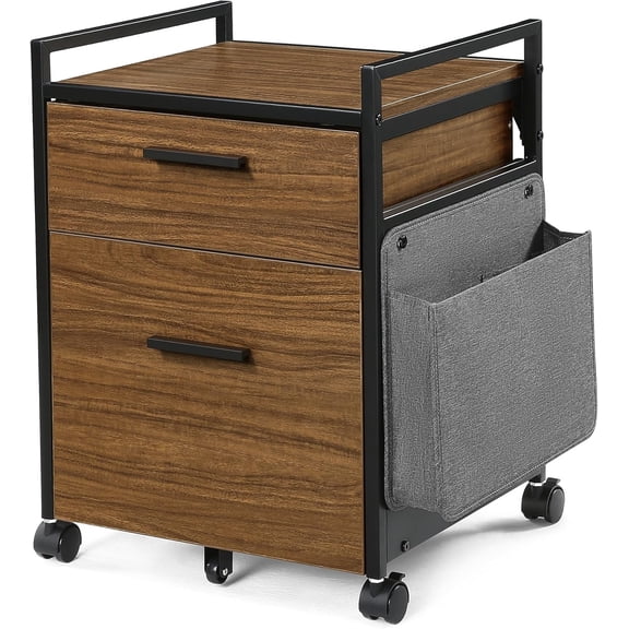 EKACO 2 Drawer Mobile File Cabinet with Wheels, Solid Wood Rolling Storage Cabinet for Home Office, Space-Saving Under Desk Organization with Printer Stand, Walnut