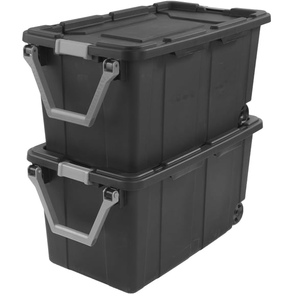 EKACO 2-Pack 40 Gallon Heavy-Duty Rolling Storage Bins, Dark Gray Industrial Plastic, Pivot Handle, Leakproof Lid & Latches for Garage, Warehouse, Equipment Transport