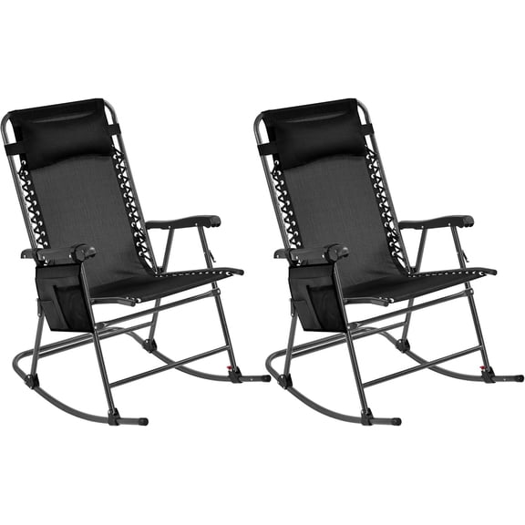 EKACO 2-Pack Zero Gravity Rocking Chairs, Outdoor Folding Lounge Chair w/Phone Holder & Pillow, Ergonomic Design for Patio, Lawn, Deck, Black
