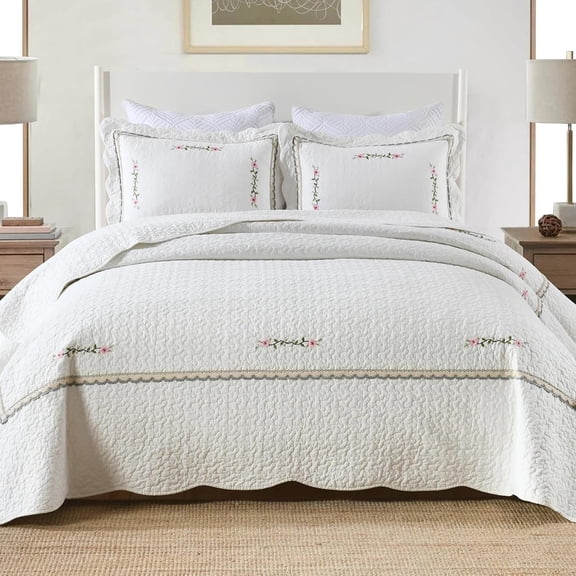 EKACO 3-Piece 100% Cotton Oversized Quilt Coverlet Set, Lightweight Embroidered Farmhouse Bedding (Sakura White, King)