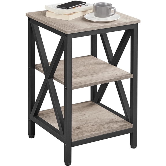 EKACO 3-Tier Industrial End Table with Storage, 16" Wood Look Accent Side Table for Living Room, Gray