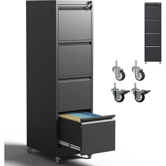 EKACO 4 Drawer Mobile File Cabinet with Lock,Black Metal Locking Filing Cabinets,Vertical File Cabinet for Home Office,Rolling Storage Cabinet for A4/Letter/Legal Size File,Assembly Required