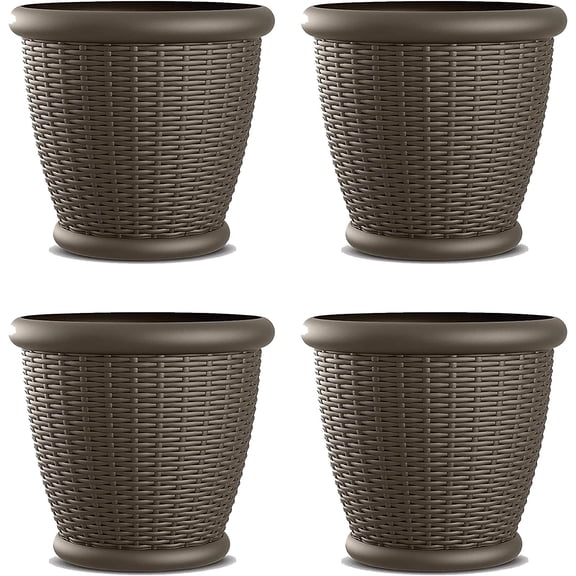 EKACO 4-Pack 18in Wicker Planters w/Drain Holes, Decorative Indoor/Outdoor Pots, Java