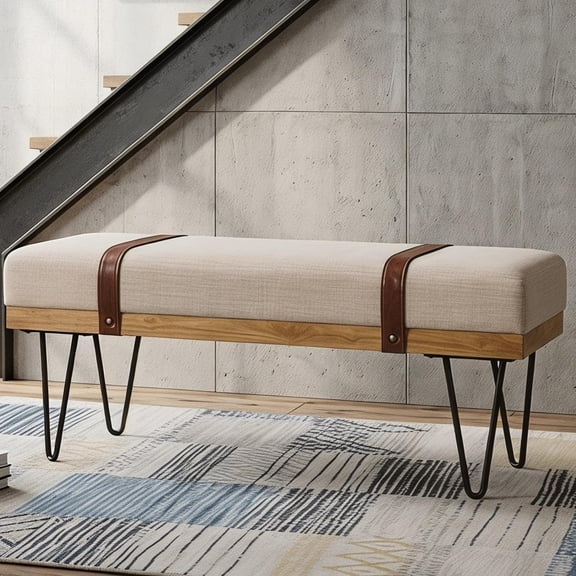 EKACO 44" Modern Upholstered Storage Bench, Linen Ottoman w/Straps & Metal Hairpin Legs, Entryway/Bedroom/Living Room, Beige