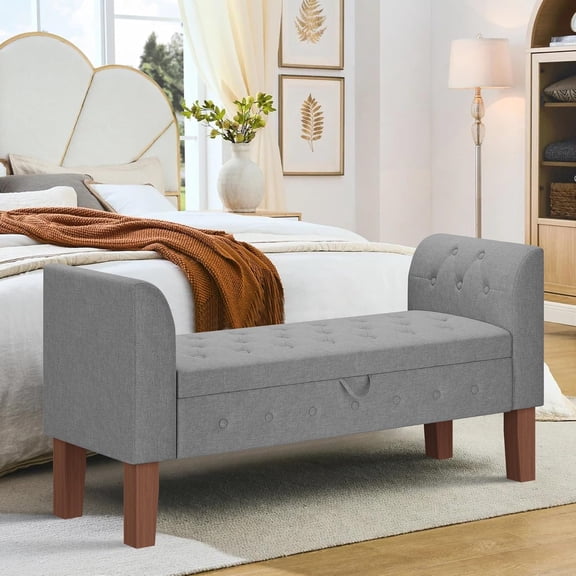 EKACO 52" Armed Storage Bench, Gray Upholstered Tufted Ottoman with Arc Arms, Linen Fabric, 500 lbs Capacity, Easy Assembly for Bedroom Entryway Living Room