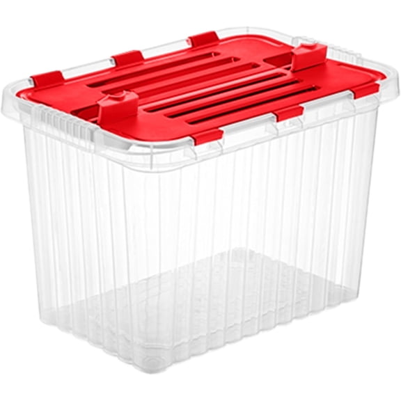 EKACO 53Qt Red Stackable Storage Bins w/ Hinged Lids, Clear Plastic Organizer Box for Home, Office, Christmas Decor, BPA-Free, 20.25"x14"x14.6"