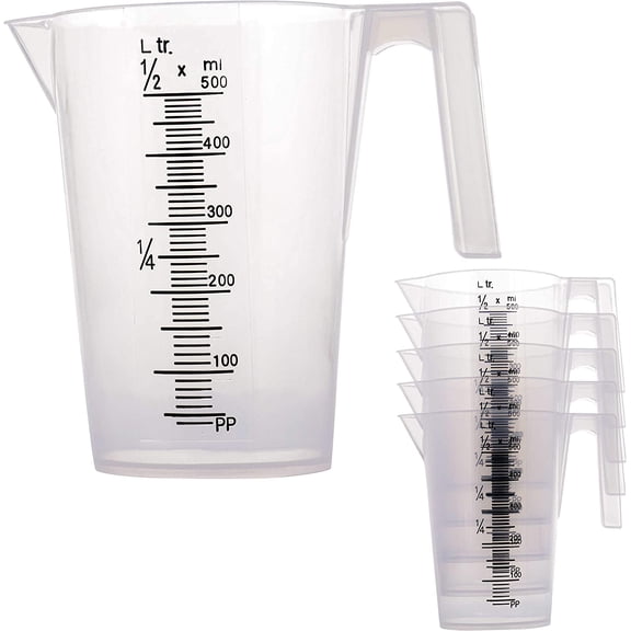 EKACO 6-Pack 1/2 Liter (500ml) Plastic Graduated Measuring & Mixing Pitchers - 16oz Pouring Cups for Paint, Resin, Epoxy, Kitchen Baking