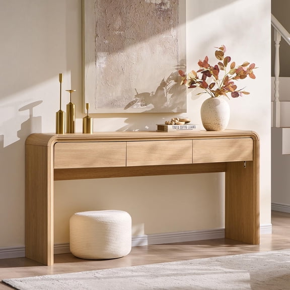 EKACO 63" Modern Console Table with 3 Drawers, Curved Entryway Sofa Table, Narrow Wood Hallway Foyer Table, Natural