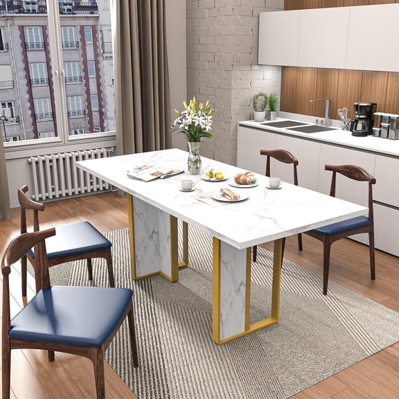 EKACO 71" Farmhouse Dining Table for 6-8, White Rectangular Kitchen Table w/Thick Waterproof Wood Top & Foot Pads, for Dining Room