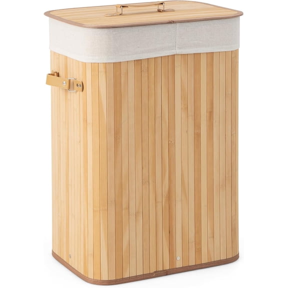 EKACO 72L Bamboo Laundry Hamper w/Lid, Tall Clothes Basket, Removable Liner & Handles, Rectangular for Small Spaces, Bedroom, Natural