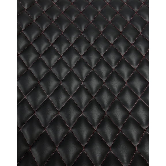EKACO Black Vinyl Quilted Foam Fabric, 3/8" Backing, 52" Wide, Diamond 2"x3" Pattern, Red Thread, Upholstery by Yard