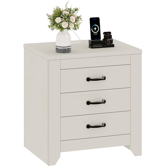 EKACO Farmhouse 3-Drawer Nightstand, 23" End Table with Metal Handle, Wood Dresser for Bedroom, Sofa Side Table, Living Room, White