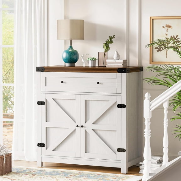 EKACO Farmhouse Sideboard Buffet Cabinet with Storage, Coffee Bar, 1 Drawer, 2 Barn Doors, Console Table for Kitchen, Dining Room, Entryway (White)