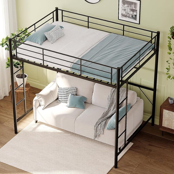 EKACO Full Size Loft Bed w/2 Stairs, Space-Saving Metal Frame, Heavy Duty, No Box Spring, Black