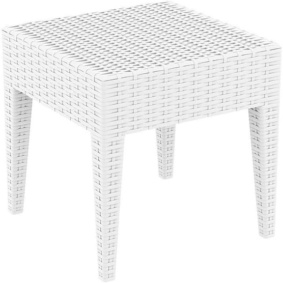 EKACO Miami 18" Square Resin Patio Side Table, White, Commercial Grade, Wicker Look