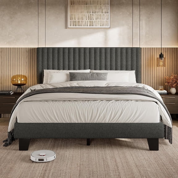 EKACO Queen Upholstered Platform Bed Frame w/Headboard, Linen, Wood Slats, Noise-Free, No Box Spring, Easy Assembly, Dark Grey