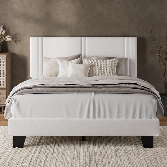 EKACO Queen Velvet Platform Bed Frame with Upholstered Headboard, Solid Wood Slats, No Box Spring, Noise-Free, White
